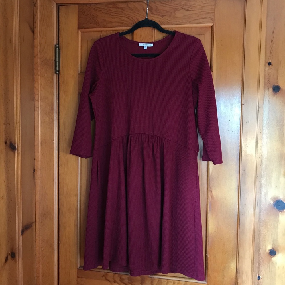 Long Sleeve Ribbed Dress - Burgundy, Large